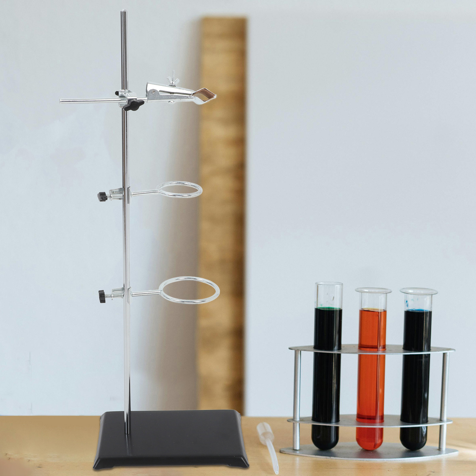 Lab Equipment - 実験用鉄製スタンド、ステンレス製クランプリング、化学実験用、実験器具、試験管立て、サポート