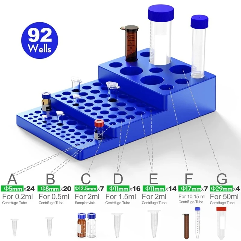 Lab Equipment - 多機能試験管ラック バイアルラック 台形試験管ラック 0.2ml-50ml 試験管用、プラスチックスタンドブラケット、92ウェル